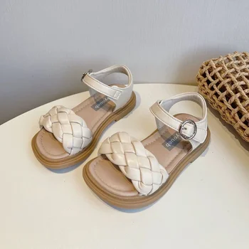 Новая обувь для малышей, Летние Плетеные Детские сандалии с квадратным носком, Бежево-желтые, 21-36, Искусственная кожа, Модные детские туфли