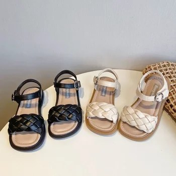 Новая обувь для малышей, Летние Плетеные Детские сандалии с квадратным носком, Бежево-желтые, 21-36, Искусственная кожа, Модные детские туфли Изображение 2