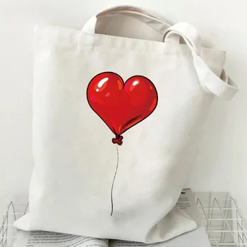 Холщовые Сумки с принтом в форме сердца, Женская Сумка для Покупок, сумка-тоут Большой емкости, Женская Пляжная сумка, Студенческая сумка Kawaii Girl На плечо Изображение 2