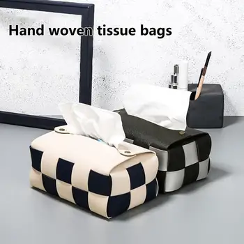 Настольная сумка для салфеток, ручной Плетеный органайзер для бумаги, машина для хранения салфеток из искусственной кожи, Легкое извлечение бумаги, сумка для салфеток для спальни