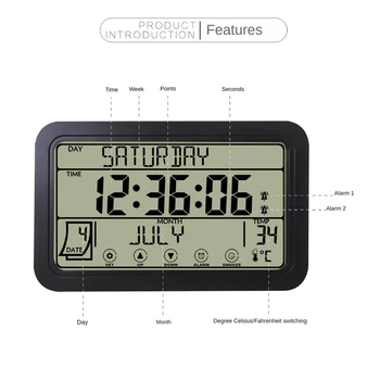 Цифровые часы с внутренней температурой наружного воздуха, беспроводные, 7-дюймовый ЖК-дисплей, питание от аккумулятора С высокоточным датчиком Изображение 2