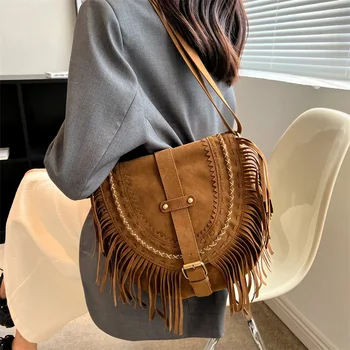 Сумка с кисточками, коричневая джинсовая сумка в стиле ретро вестерн, нишевая сумка через плечо в этническом стиле, женский туризм