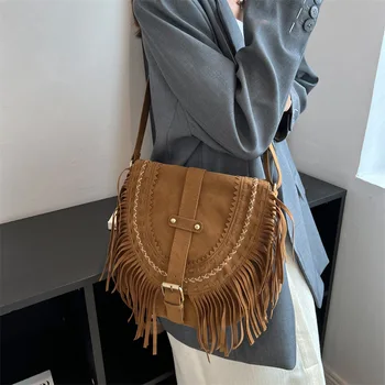 Сумка с кисточками, коричневая джинсовая сумка в стиле ретро вестерн, нишевая сумка через плечо в этническом стиле, женский туризм Изображение 2