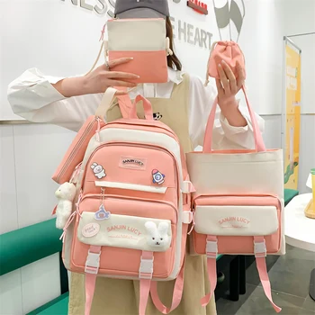 Модный водонепроницаемый нейлоновый рюкзак, школьный ранец в консервативном стиле для девочек, горячая новинка, пять комплектов повседневных дорожных сумок. Изображение 2