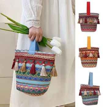 Холщовая сумка-тоут в этническом стиле в полоску с кисточками, Ретро-холщовая вышивка, сумка в форме ведра, Большая вместительная сумка для ланча, хозяйственная сумка