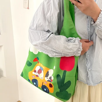 Простая сумка с мультяшным принтом, холщовая сумка на плечо, сумки большой емкости, повседневная милая сумка для женщин, сумки для покупок Изображение 2
