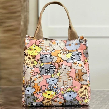 Сумка для мамы с рисунком кота из мультфильма, милая сумка-тоут, холщовая сумка для покупок, портативная модная сумка для ланча для женщин Изображение 2