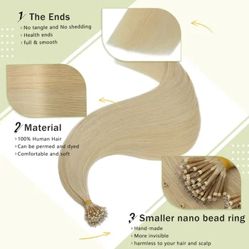 Нано-кольцо для наращивания волос, светлые натуральные волосы Remy с нано-наконечником, человеческие волосы 16-24 дюймов, платиновая блондинка, Нано-бусины для наращивания, 50 г Изображение 2