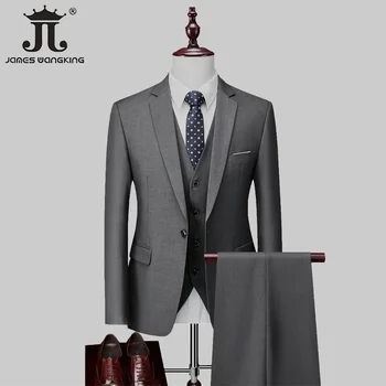 (Блейзер, жилет, брюки) Высококачественная ткань, однотонный Мужской повседневный офисный деловой костюм, комплект из 3 предметов, свадебное платье жениха