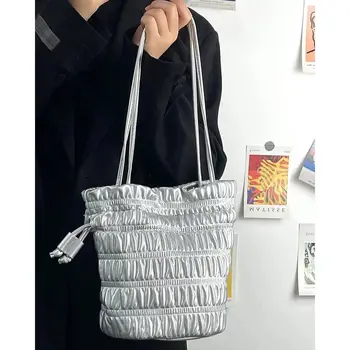 Серебристая плиссированная сумка через плечо из прочной искусственной кожи с завязками, сумка-ведро, повседневная женская сумочка