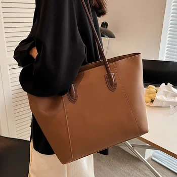 Простые женские сумки большой емкости из искусственной кожи, повседневная женская сумка-тоут, однотонная сумка-мессенджер для путешествий и покупок, сумка-мессенджер для покупок Изображение 2