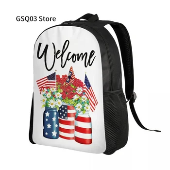 Рюкзак с цветочным узором в американскую звезду и полоску для девочек и мальчиков для взрослых, 15-дюймовый школьный рюкзак с двойным ремнем, Водонепроницаемость, подходит для ноутбука Изображение 2