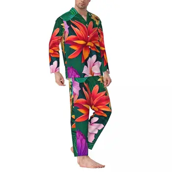 Пижамы с тропическим цветочным рисунком, весенние разноцветные цветы, повседневный пижамный комплект большого размера, мужской милый домашний костюм на заказ