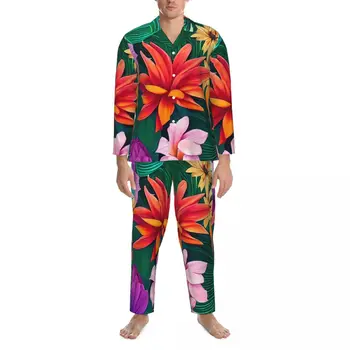 Пижамы с тропическим цветочным рисунком, весенние разноцветные цветы, повседневный пижамный комплект большого размера, мужской милый домашний костюм на заказ Изображение 2
