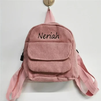 Вельветовый мини-рюкзак с вышитым вашим именем, модный маленький рюкзак для студенток, повседневная дорожная сумка на открытом воздухе с вашим именем на заказ