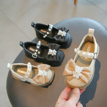 Кожаные туфли принцессы для маленьких девочек; Модные детские тонкие туфли с жемчужным бантом; универсальные детские туфли Мэри Джейнс с мягкой подошвой;