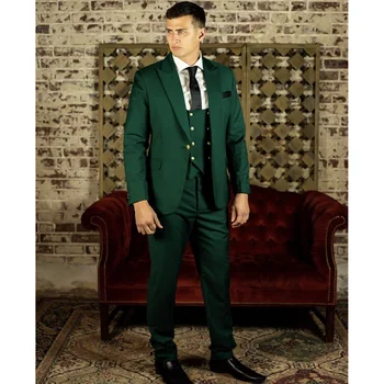 Мужские костюмы Slim Fit, зеленые однобортные пуговицы из 3 предметов, классические костюмы для свадьбы, жениха, выпускного вечера, Комплекты мужской одежды, блейзеры
