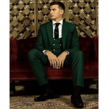 Мужские костюмы Slim Fit, зеленые однобортные пуговицы из 3 предметов, классические костюмы для свадьбы, жениха, выпускного вечера, Комплекты мужской одежды, блейзеры Изображение 2