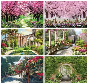 Весенний пейзаж Laeacco, Элегантный Садовый фон, Красочные цветы, Зеленые растения, Свадебная вечеринка на открытом воздухе, Фон для портретной фотографии