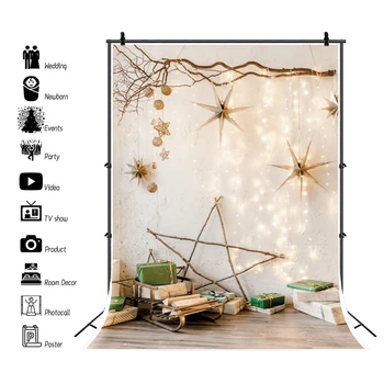 Рождественский фон Светлая ветка дерева, подарок в виде звезды, деревянный пол, детская комната, фоны для фотосъемки, фон для фотостудии, фотофон