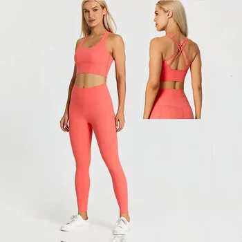 Женская тренировочная одежда Lulu, комплекты для спортзала из 2 предметов, леггинсы для йоги с высокой талией, эластичный спортивный бюстгальтер из 4-полосной ткани