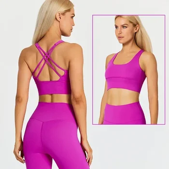 Женская тренировочная одежда Lulu, комплекты для спортзала из 2 предметов, леггинсы для йоги с высокой талией, эластичный спортивный бюстгальтер из 4-полосной ткани Изображение 2