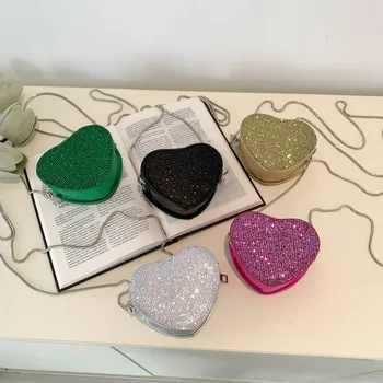 Женская модная мини-сумка через плечо в форме сердца с бриллиантами, кошелек для монет на металлической цепочке, мини-вечерняя сумка с блестками на плечо для леди