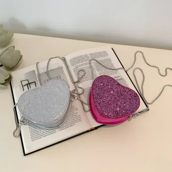 Женская модная мини-сумка через плечо в форме сердца с бриллиантами, кошелек для монет на металлической цепочке, мини-вечерняя сумка с блестками на плечо для леди Изображение 2