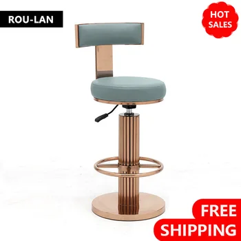 Барные стулья со спинкой, современное регулируемое вращающееся кресло с ножками из полированной розовой нержавеющей стали для кухонной стойки
