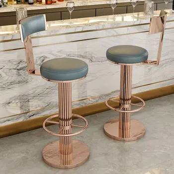 Барные стулья со спинкой, современное регулируемое вращающееся кресло с ножками из полированной розовой нержавеющей стали для кухонной стойки Изображение 2