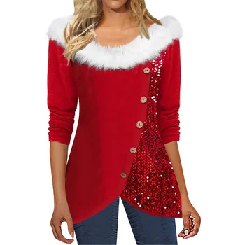 Зимний модный пуловер в рождественском стиле, футболка, повседневный плюшевый пуловер с круглым вырезом, длинным рукавом, пуговицами, пайетками, Женский