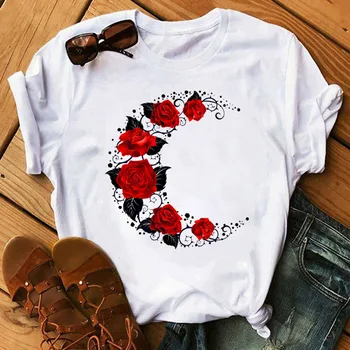 Женские белые топы с красными розами, женские топы, футболки с коротким рукавом, Женские футболки 90-х, Женские топы