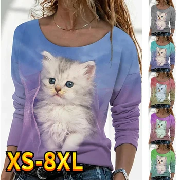 Женская Базовая футболка с принтом Кошки, Повседневная Футболка с круглым вырезом и Длинным рукавом, Цветная Блочная Повседневная футболка С рисунком На Каждый Уикенд, Футболка XS-8XL