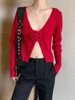 Женский укороченный кардиган с открытой передней частью, длинный рукав, однотонный свитер с 3D цветами, облегающие трикотажные топы Изображение 2