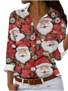 Женская осенне-зимняя Новая Рождественская женская рубашка с длинными рукавами, модная повседневная рубашка с 3D принтом Санта-Клауса