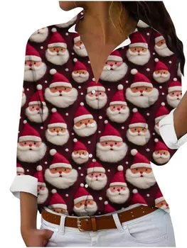 Женская осенне-зимняя Новая Рождественская женская рубашка с длинными рукавами, модная повседневная рубашка с 3D принтом Санта-Клауса Изображение 2