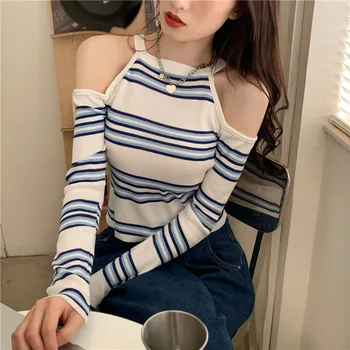 Корейская футболка с открытыми плечами Spicy Girl, трикотажная рубашка в контрастную полоску, короткие футболки в стиле ретро, милые облегающие футболки, женские футболки