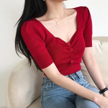 Укороченный топ с V-образным вырезом, летняя трикотажная футболка в корейском стиле, приталенный красно-черный топ для женщин Изображение 2