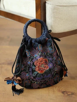 Высококачественные женские сумки, черная двусторонняя этническая сумка ручной работы с вышивкой, винтажные шелковые льняные сумки-тотализаторы Изображение 2
