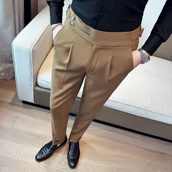 Весенне-летние костюмные брюки Naples в британском стиле, мужские облегающие брюки, повседневные брюки коричневого цвета Для мужчин, мужские модельные брюки Изображение 2