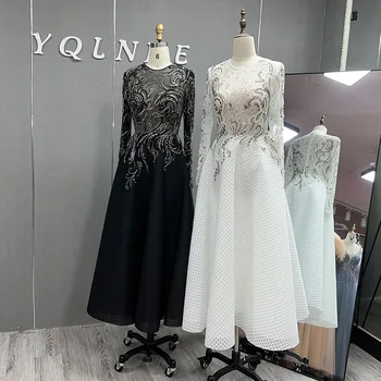 YQLNNE 2023 Дубай Черные Вечерние платья с длинным рукавом С круглым вырезом Кристаллы, бисероплетение, Вечернее женское платье чайной длины