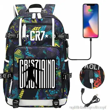 Футбольная суперзвезда CR7 USB-рюкзак для зарядки, школьный рюкзак Роналду, дорожный ноутбук, сумки для ноутбуков для подростков, студентов Изображение 2