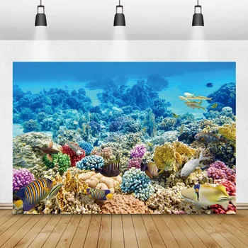 Фотофон с кораллами морского дна Вечеринка в подводном мире Голубой океан Фон для фотосъемки морских рыб Портрет Ребенка Семейная Фотосессия