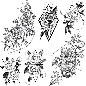 Наклейка с татуировкой Compasses Peony Temporayr для женщин, татуировки на руках с трехцветным цветком, Перевод Воды, боди-арт, искусственные Татуировки с розами, цветочные