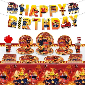Посуда в стиле пожарного Сэма, Бумажная Тарелка, чашка, скатерть, Пожарная машина, Баллон, украшение для вечеринки в честь Дня рождения пожарного для мальчиков