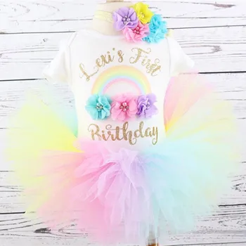 Изготовленный на заказ Радужный наряд для девочки на первый день рождения Персонализированное имя возраст любого персонажа Набор для крещения и Душа ребенка пачка для торта