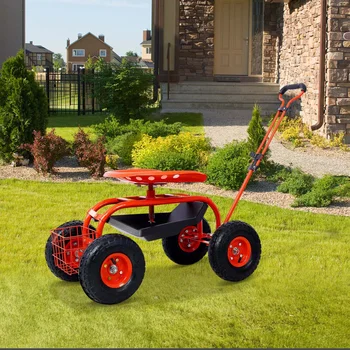 НОВЫЙ самокат Aukfa Rolling Garden Cart с поворотным сиденьем, колесами и лотком для инструментов - красный