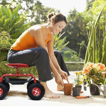 НОВЫЙ самокат Aukfa Rolling Garden Cart с поворотным сиденьем, колесами и лотком для инструментов - красный Изображение 2