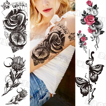 Временные татуировки Big Rose Compass Poker для женщин, взрослых, Хна, Роза, Бабочка, поддельная татуировка, Водонепроницаемые татуировки для боди-арта, Цветы
