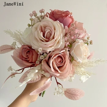 JaneVini 2024 Очаровательные Корейские Светло-розовые свадебные букеты Из искусственных шелковых роз и цветов Гортензии Свадебный Искусственный букет для невесты Изображение 2
